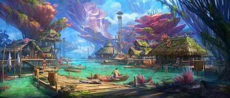 Fantasy Landscape Village Wallpaper Village Concept Art, River Village, Fantasy Village, Beach Village, Beach Room, Art Beach, 판타지 아트, Fishing Villages, Fantasy Landscape