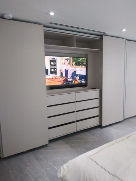 Fitted Wardrobes With Tv Space, Pax With Tv, Pax Wardrobe With Tv, Tv Closet Bedroom, Wall Closet With Tv, Tv In Closet Ideas Bedrooms, Small Bedroom Cupboards, Closet Con Tv, Wardrobe With Tv Unit