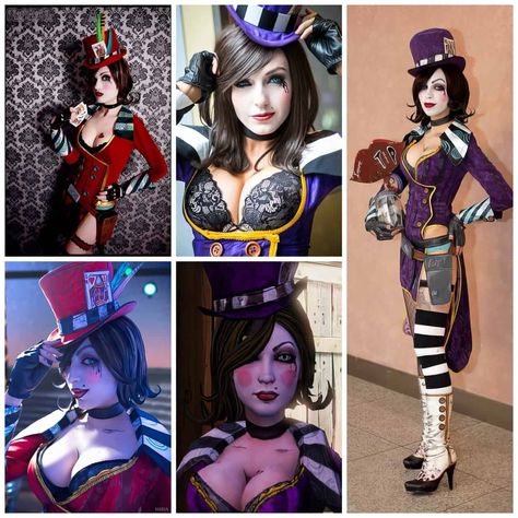 To create your Mad Moxxi cosplay, start by picking out the right costume - a sexy red tailcoat, strapless dress, and knee-high boots from the Borderlands Red Tailcoat, Moxxi Cosplay, Mad Moxxi, Bright Red Lipstick, Purple Eyeshadow, Black Liner, Purple Outfits, Bold Lips, You Mad