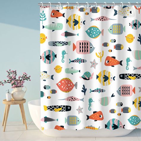 PRICES MAY VARY. Fish Shower Curtain: Made of 100% polyester, the cute fish shower curtain is durable, eco-friendly, waterproof and quick-drying, no need liner, with the high quality fabric, the fun shower curtain can prevent you from spraying water around in the shower. Kids Shower Curtains for the Bathroom: Reinforced top hem on the bottom prevent curtain billowing keeping the water in and the cold air out. Super water-repellent fabric is treated to let water bead stay on the surface, quick to Kids Bathroom Shower, Kids Bathroom Shower Curtain, Fishing Bathroom Decor, Fish Shower Curtain, Nautical Shower Curtain, Fish Bathroom, Cute Shower Curtains, Kids Shower Curtain, Flower Shower Curtain