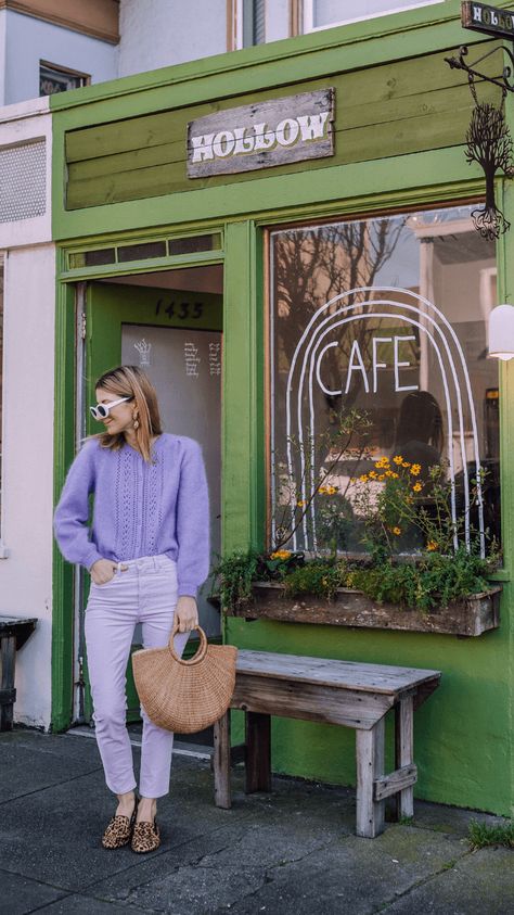 Lavender Office Outfit, Lavender Jumper Outfit, Fall Lavender Outfit, All Lavender Outfit, Light Purple Jeans Outfit, Lilac Fall Outfit, Monochromatic Purple Outfit, Lavender And Red Outfit, Lavender Fashion Outfits