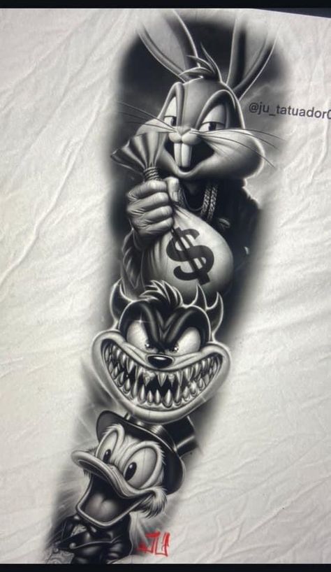 Gangsta Tattoos Money, Tattoos Money, Tattoo Colour, Chicanas Tattoo, Nostalgic 90s, Black Art Tattoo, Skull Sleeve Tattoos, Realistic Tattoo Sleeve, Gangsta Tattoos