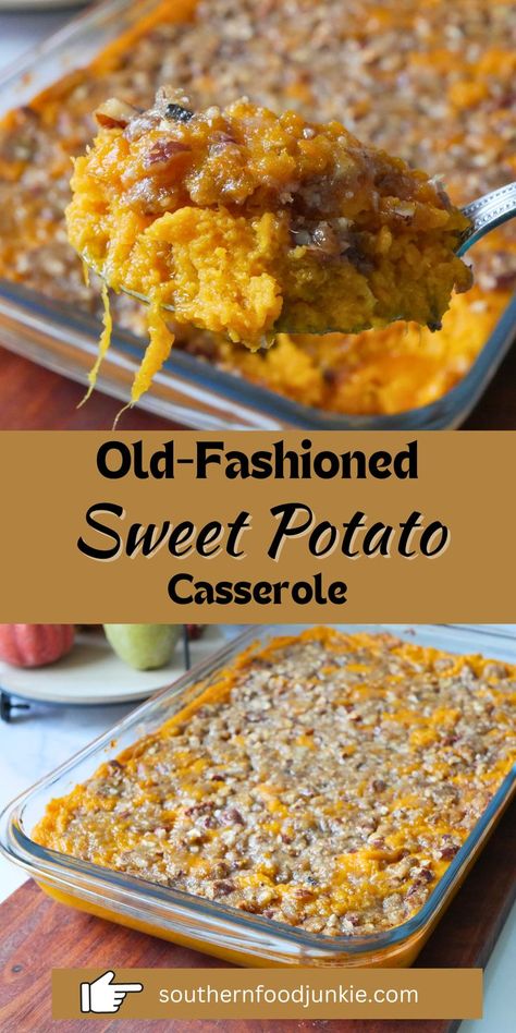 Sweet Potato Casserole is the perfect side dish for your Thanksgiving meal, Christmas meal, or Easter dinner. This dish is an important part of classic holiday meals. Old-fashioned sweet potato casserole is a classic comfort dish that blends the natural sweetness of sweet potatoes with a hint of cinnamon and a golden, peacan topping that has an awesome crunch. Perfectly nostalgic, always delicious. Click to get a free printable recipe. Southern Sweet Potato Casserole, Sweet Potato Crunch, Christmas Side Dish Recipes, Fall Favorites Recipes, Sweet Potato Recipes Casserole, Potatoe Casserole Recipes, Holiday Favorite Recipes, Thanksgiving Recipes Side Dishes, Potato Side Dishes