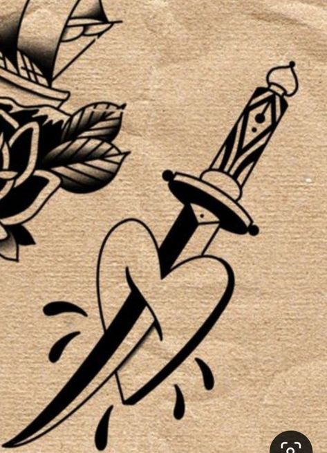 Nail Tattoo Traditional, Dagger In Heart Tattoo, Cute Dagger Tattoo, Dagger Through Heart Tattoo, Dagger Heart Tattoo, American Traditional Dagger, Heart And Dagger Tattoo, Heart Dagger Tattoo, Pocket Watch Tattoo Design