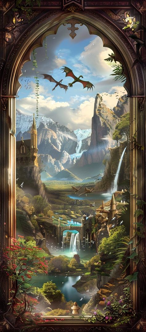 80 Fantasy Window Scenes of mountains, dragons, waterfalls, castles, and villages Dragon Den Fantasy Art, Castle With Waterfall, Whimsical Phone Wallpaper, Fantasy Scene Inspiration, Fantasy Background Drawing, Fantasy Mountain Castle, Fantasy Wedding Art, Fantasy Phone Background, Fantasy Schools