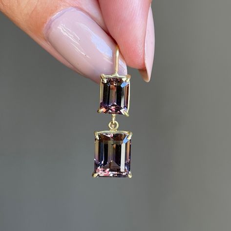 in Ametrine, amethyst and citrine naturally combine to form one stone - 18k & Emerald-Cut Ametrine Double Drop Earrings by Nicole Landaw #nicolelandaw #futureheirlooms #augustla Amethyst And Citrine, Garnet Earrings, Emerald Cut, Citrine, Tiara, Garnet, Emerald, Amethyst, Drop Earrings