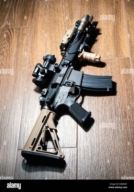 Download this stock image: The Black Rifle: Custom build AR-15 SBR on wooden floor - KDWEAY from Alamy's library of millions of high resolution stock photos, illustrations and vectors. Mk18 Mod 1, Ar Builds Ideas, Ar 15 Custom, Sbr Build, Custom Ar, Hello Good Morning, Military Gear Tactical, Ar Build, Tactical Gear Loadout