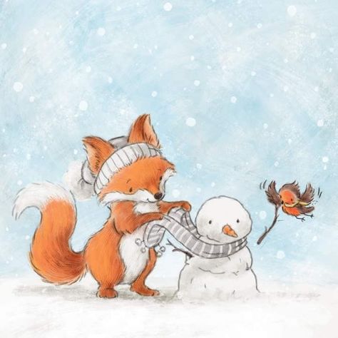 Artist: Jess Bircham Cottage Core Wallpaper, Snowman Illustration, Christmas Window Painting, Diy Holiday Cards, Fox Christmas, Fox Illustration, Happy Paintings, Fox Art, Christmas Drawing