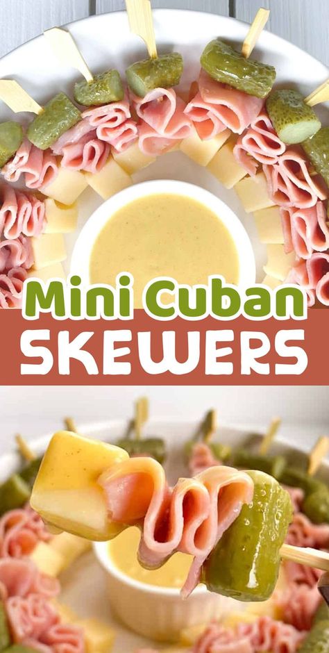 A super easy make-ahead appetizer for any party or family gathering! No baking and no skills required to make this yummy cold finger food. This skewered version of a Cubano sandwich is a fun way to get all the same flavors without the guilt. They are gluten free, keto friendly and so delicious. If you're looking for simple party food ideas, these fun little kabobs are the way to go! Simple Party Food Ideas, Sandwich Skewers, Simple Party Food, Easy Make Ahead Appetizers, Cubano Sandwich, Cold Finger Foods, Cheesy Dip, Make Ahead Appetizers, Bite Size Appetizers