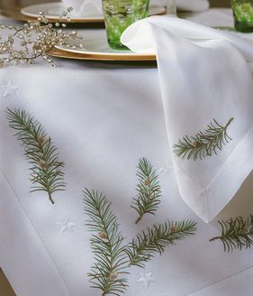 Christmas Branches table linen Embroidery Napkins, Christmas Branches, Pine Branches, Christmas Linen, Christmas Style, 자수 디자인, Christmas Table Cloth, Christmas Embroidery, Table Linen