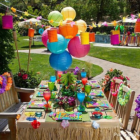 Outdoor adult luau                                                                                                                                                      More Kids Luau Parties, Kids Luau, Island Party, Aloha Party, Luau Theme Party, Luau Birthday Party, Hawaiian Luau Party, Hawaiian Birthday Party, Hawaiian Birthday