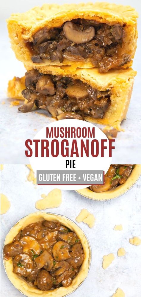 Delicious homemade gluten free & vegan mushroom stroganoff pie! It's the perfect comforting meat-free dinner that you'll keep coming back for more! Vegan Mushroom Pie Recipe, Gluten Free Meat Pie, Vegan Autumn Recipes, Vegan Autumn, Vegan Pies, Vegan Mediterranean, Vegan Pastries, Mushroom Pie, Gluten Free Pastry