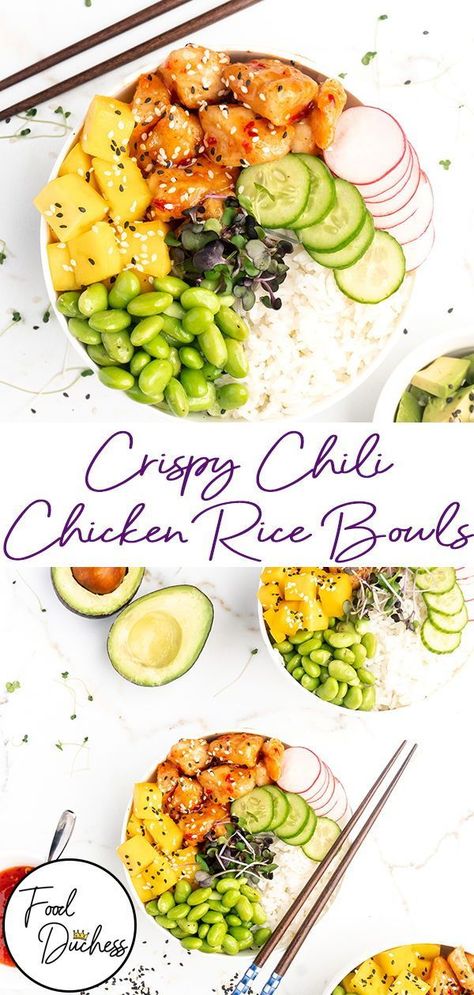 This Sweet Chili Crispy Chicken Rice Bowl is sure to satisfy you any time of day! Crispy pieces of chicken are tossed with a homemade sweet chili sauce. The crispy coated chicken is thrown onto a bed of fragrant jasmine rice, along with a beautiful accompaniment of edamame beans, fresh cucumber, sweet mango, and creamy avocado! #ricebowl #chicken #crispychicken Sweet Chili Sauce Chicken, Homemade Sweet Chili Sauce, Chicken Rice Bowl, Sweet Chilli Chicken, Sweet Chili Chicken, Cooking Jasmine Rice, Chicken Rice Bowls, Fresh Cucumber, Chili Chicken