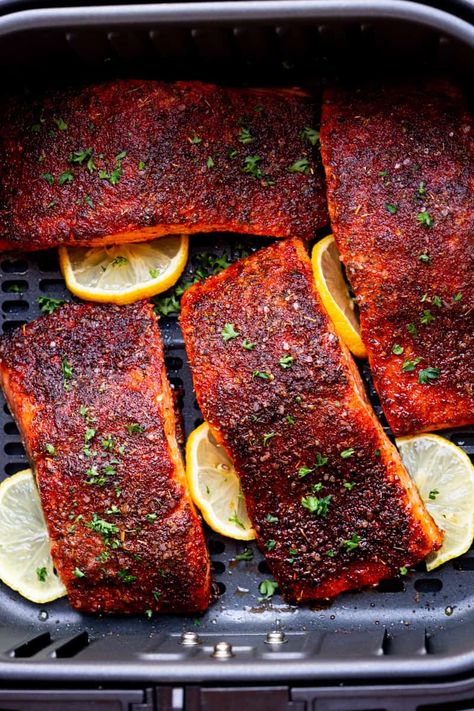 Blackened Salmon Air Fryer Recipes, Blacked Salmon Air Fryer, Air Fried Blackened Salmon, Smoked Salmon Air Fryer, Airfryer Trout Recipes, Mediterranean Air Fryer Salmon, Salmon Seasoning Recipe Air Fryer, Blackened Salmon Air Fryer, Steel Head Trout Recipes Air Fryer