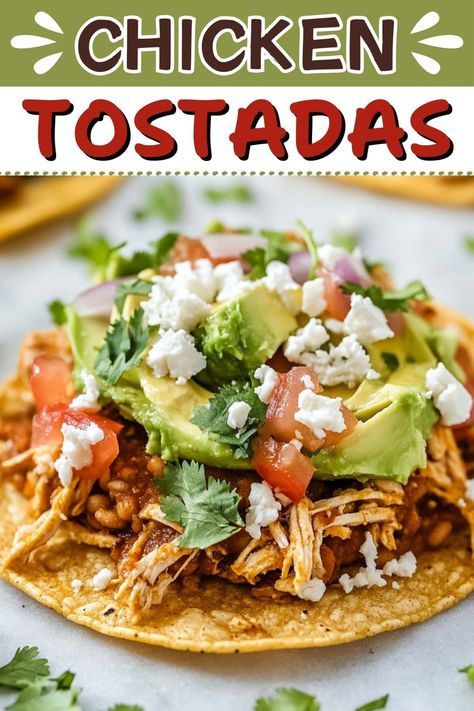 With crispy shells, flavorful chicken, creamy beans, and fresh toppings, these chicken tostadas are sure to become a family favorite! The combination of textures and flavors can't be beat. Chicken Tinga Tostadas, Tinga Tostadas, Baked Tostadas, Creamy Beans, Tinga Tacos, Tostada Recipes, Chicken Tinga, Can Chicken Recipes, Chicken Tostadas