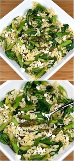 Lemon Orzo Salad with Asparagus, Spinach, and Feta on http://twopeasandtheirpod.com Love this fresh and healthy salad! Orzo Salad With Asparagus, Orzo Asparagus, Asparagus Orzo, Orzo Salat, Orzo Spinach, Lemon Spinach, Salad With Asparagus, Spinach Orzo, Lemon Orzo Salad