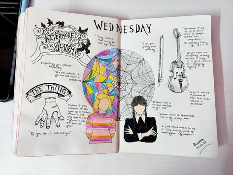 Wednesday Journal Ideas, Diary Decoration Ideas Art Journals, Wednesday Addams Journal, Journalist Drawing, Wednesday Drawing, Wednesday Journal, Bullet Journal Hand Lettering, Easy Mandala Drawing, Art Journal Cover