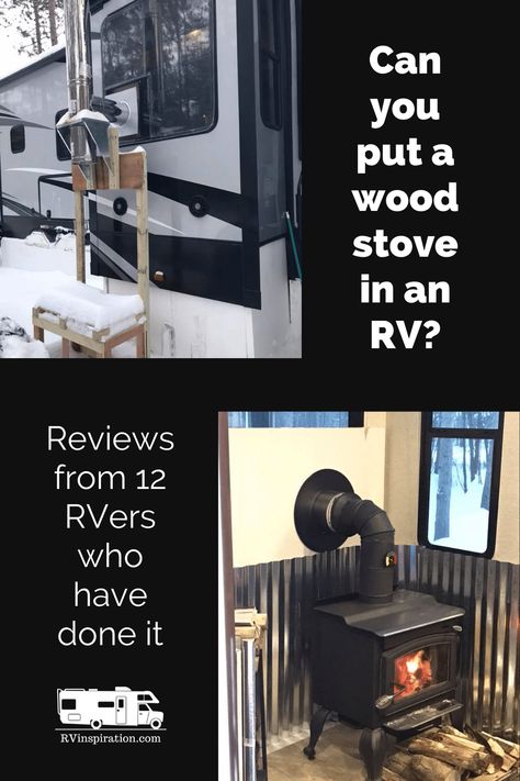 Safety considerations for installing a wood stove in an RV + reviews of different tiny wood stove models from full time RVers who use them. | RVinspiration.com Trailer Wood Stove, Wood Stove In Camper, Rv Wood Burning Stove, Camper With Wood Stove, Wood Burning Stove In Camper, Van Wood Stove, Wood Stove In Rv, Wood Burning Stove In Rv, Rv Wood Stove Travel Trailers