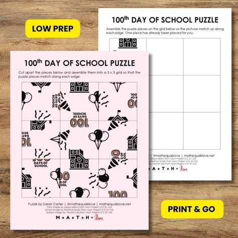 Celebrate 100 days of school with this free printable 100th day of school puzzle. Can you assemble the pieces to form a 3x3 rectangle where the pieces match along each edge? 100th Day Of School, Maths Puzzles, Easy Activities, Math Class, Puzzle Solving, Upper Elementary, 100 Days Of School, Math Teacher, Education Math