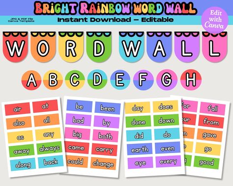 Bright Rainbow Word Wall Display, Editable Classroom Word Wall, 1st Grade Word Wall, Kindergarten Words Bulletin Board, Classroom Decor 1st Grade Word Wall, Word Wall Kindergarten, Word Wall Displays, Classroom Word Wall, Board Classroom, Rainbow Words, Number Labels, Wall Banner, Bright Rainbow