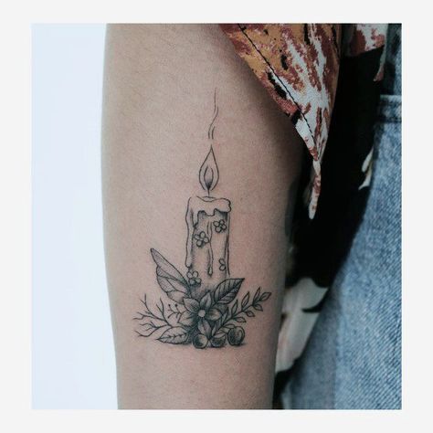 Candlestick Tattoo, Candle Tattoo Design, Stick Tattoo, Candle Tattoo, Patchwork Tattoo, Light Tattoo, Awesome Tattoo, Tattoos For Black Skin, Floral Candle