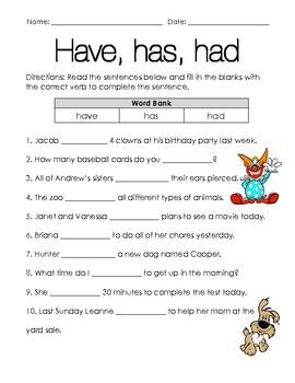 To go along with the second grade Harcourt grammar during the story 'Chinatown' but could be used for any grade at any time. This worksheet has nothing to do with teaching have/has/had, just to be used as a practice or even an assessment.: Had Worksheet, Helping Verbs Worksheet, Verb To Have, Worksheets For Grade 1, English Grammar Test, General English, English Grammar For Kids, Grammar For Kids, English Teaching Materials