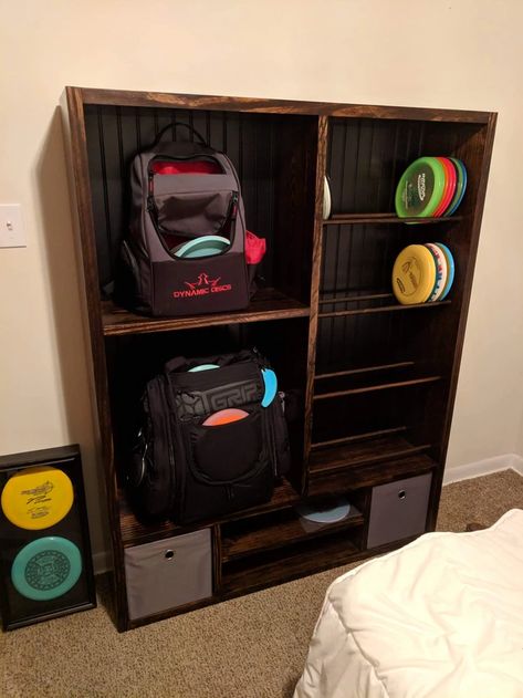 Disc Golf Shelving Unit - woodworking post - Imgur Disc Golf Storage Diy, Disc Golf Disc Storage, Disc Golf Organization, Disc Golf Shelf, Diy Disc Golf Rack, Disc Golf Storage Rack, Disc Golf Display, Disc Golf Birthday, Disc Golf Storage