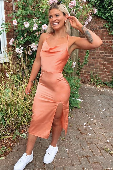 Prom Dresses With Sneakers, Satin Dress With Sneakers, Silk Dresses Outfit, Perspex Heels, Women's Maxi Dresses, Side Split Maxi Dress, Girls Night Outfit, Dress Sneakers, 2023 Goals