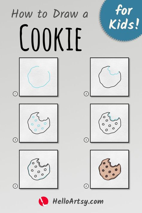 Draw cookie easy for kids! | how to draw a cookie in 6 simple steps. | Follow along with each illustration to draw a how to draw a cookie. Designed for kids who want to learn how to draw! Cooking Drawing Easy, How To Draw Cookies, Cookie Drawing Easy, Cookie Vector, Cookie Drawing, Doodle Art For Beginners, Drawing Lessons For Kids, Food Drawing, Bullet Journal Doodles