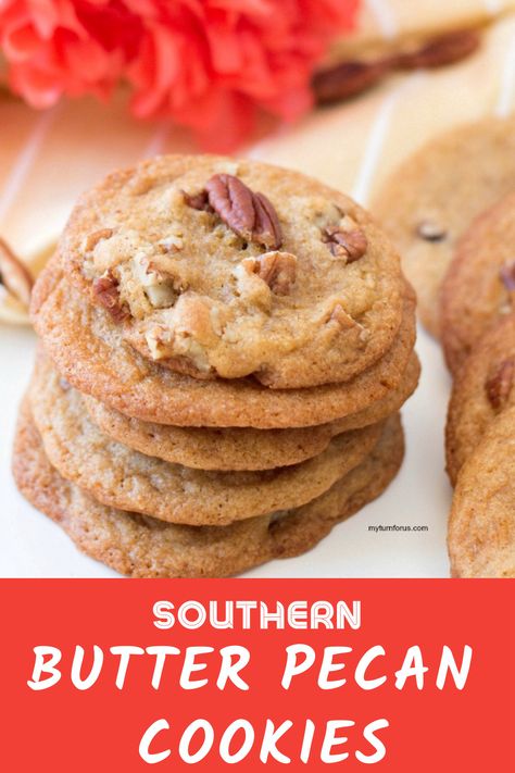 Make southern pecan cookies with our easy butter pecan cookie recipe. You can enjoy homemade butter pecan cookies any day with this Texas pecan cookie recipe. #SouthernPecanCookies #ButterPecanCookieRecipe #ButterPecanCookies #TexasPecanCookieRecipe #EasyButterPecanCookies #MyTurnforUs Buttery Pecan Cookies, Home Made Cookie Recipes, Butter Nut Cookies, Buttered Pecan Cookies, Pecan Butter Cookies, Great American Cookie Recipe Copycat, Buttery Butter Pecan Cookies, Butter Pecan Cookies Easy, Southern Cookies