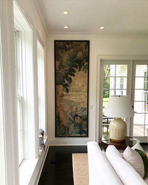 The Rinfret Group, LLC. on Instagram: "These gorgeous custom panels are finally hung in Bedford. This wallpaper has the texture and look of a tapestry. It is so lifelike and beautiful 🤍 . . . . . . #interiors #interior #interiordesigner #interiordecor #bedfordny #locustvalley #brookville #hamptons #classicstyle #classicdesign" Mural Stencil, Narrow Hallway Decorating, Narrow Hallway, Hallway Decorating, Beautiful Interiors, Wall Coverings, Hallway, Classic Design, Classic Style