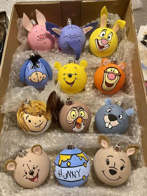 Winnie The Pooh Lovers | Hi everyone! I am new to the group, and wanted to share these ornaments I just finished painting | Facebook Winnie The Pooh Ornaments Diy, Winnie The Pooh Gift Ideas, Winnie The Pooh Ornaments, Ornaments Ideas, Winnie The Pooh Christmas, Round Ornaments, All Holidays, Ornament Crafts, Hi Everyone