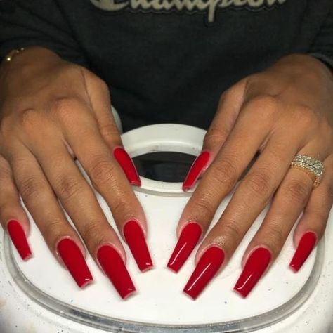 Long Red Acrylics, Long Red Square Nails, Square Acrylic Nails Red, Red Acrylic Nails Coffin, Pretty Red Nails, Red Nails Square, Red Nails Long, Red Square Nails, Red Long Nails