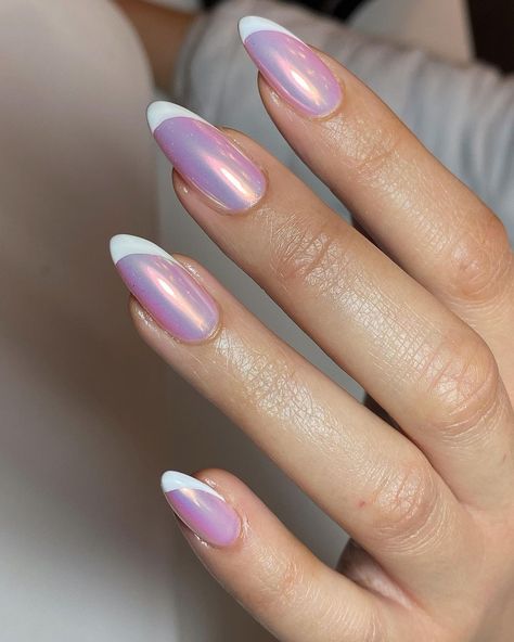 French Tip Unicorn Nails, Unicorn Chrome French Tip Nails, Calgel Nails, Chrome Nail Colors, Unicorn Chrome, French Products, Purple Chrome Nails, Chrome French, Hoco Nails