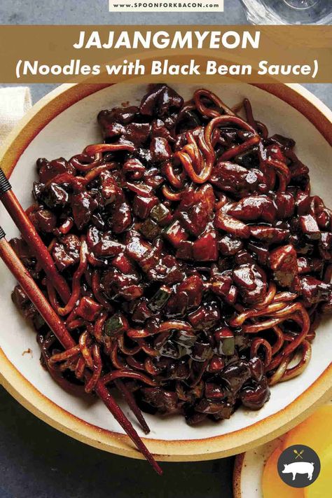 The best Jajangmyeon you'll ever have. Our Korean-Chinese noodles with black bean sauce is a rich and delicious dish using thick udon noodles that are smothered and tossed together in a silky smooth , savory black bean sauce with diced pork, zucchini and onion. #korean #noodles #blackbean #recipe #dinner Black Bean Noodles Korean, Best Korean Food, Bean Sauce, Chinese Noodles, Black Bean Sauce, K Food, Korean Dishes, Udon Noodles, Asian Dishes