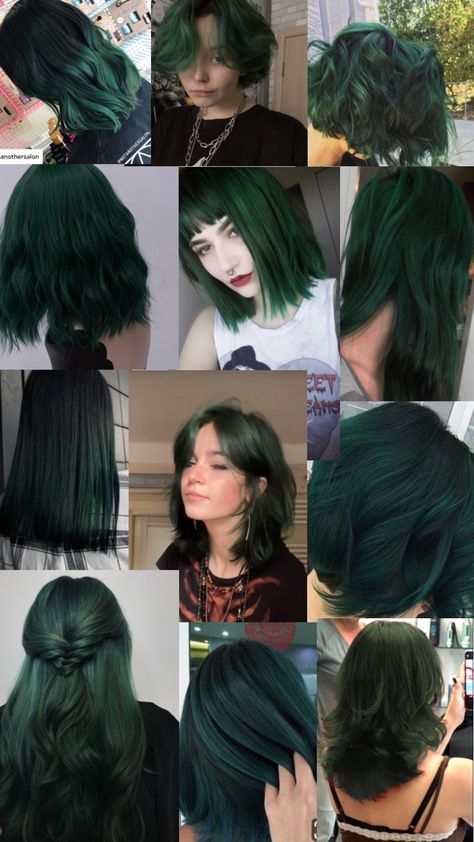 Dark Colour Hair Dyes, Short Emerald Green Hair, Trans Flag Hair Color, Deep Emerald Green Hair, Discreet Hair Dye Ideas, Black And Forest Green Hair, Blue Hair Two Tone, Phantom Green Arctic Fox Hair, Dark Green Hair Color Ideas