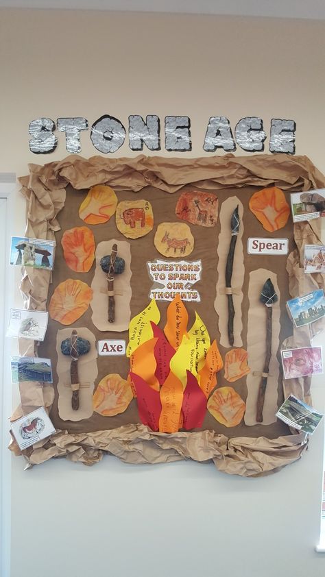 Stone Age School Display, Stone Age Display Classroom, Stone Age School Project, Stone Age Display Year 3, Early Humans Projects, Stone Age Projects For Kids, Prehistoric Art Projects, Stone Age Project, Early Humans Activities