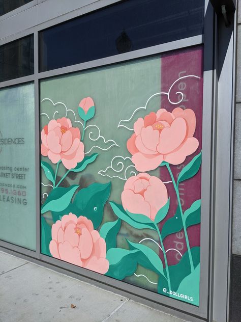 Downtown San Jose, Sidewalk Paint, Painted Window Art, Window Mural, Colorful Room Decor, Window Display Design, School Murals, Room Wall Painting, Nice Comments