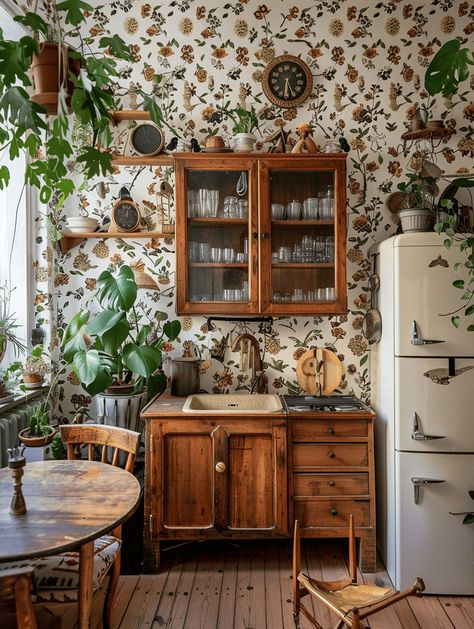 Small Boho Kitchen, Kitchen Ideas Colorful, Mismatched Kitchen, Colorful Boho Kitchen, Boho Style Kitchen, Wallpaper Coffee, Boho Kitchen Ideas, 1970s House, L Kitchen