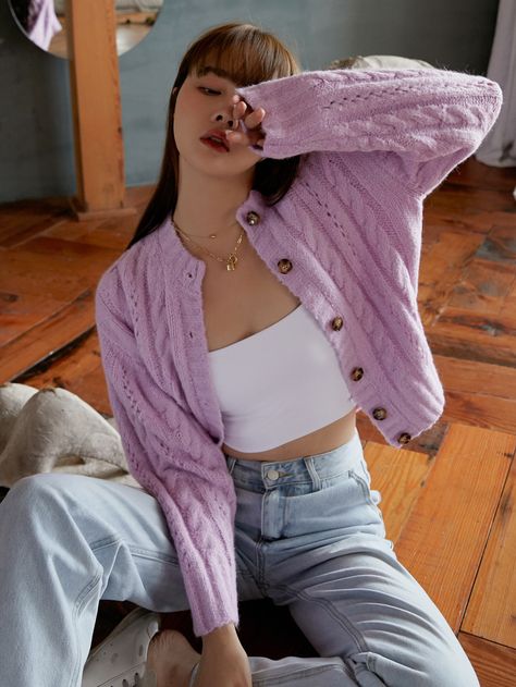 Purple Cardigan Outfits Aesthetic, Lavender Cardigan Outfit, Outfits Uni, Fall Jackets Outfit, Lavender Cardigan, Shoulder Cable, Western Outfit, Knitting Women Cardigan, Beautiful Pakistani Dresses