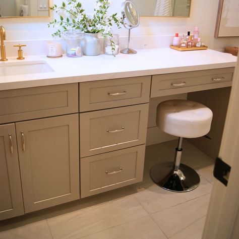 Vanity With Sink On One Side, Bathroom With One Sink And Makeup Vanity, Master Bath Vanity With Makeup Area One Sink, Master Ensuite With Makeup Vanity, Bathroom Seated Vanity, Off Center Bathroom Vanity, Bathroom Vanity With Stool, Bathroom Counter With Cabinet In Middle, Single Sink And Makeup Vanity Combo