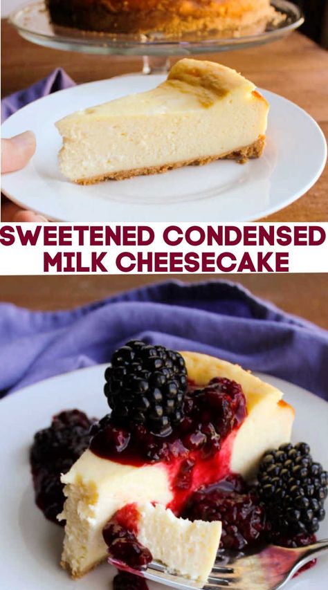 This cheesecake is super simple to make and is basically no fail! I've never had it crack on me. Plus it has the rich goodness of sweetened condensed milk baked, so you know it has to be good! Follow my simple tips and you'll be enjoying your own perfect cheesecake as well. No Bake Cheesecake Sweetened Condensed, Cheesecake Recipes Easy No Bake Condensed Milk, No Bake Cheesecake With Condensed Milk, Recipes Using Sweetened Condensed Milk, Cheesecake Condensed Milk, Condensed Milk Cheesecake Recipes, Recipe With Sweetened Condensed Milk, Recipes Using Condensed Milk, Condensed Milk Desserts