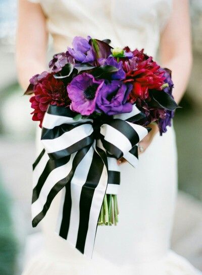 Jewel Tone Bridal Flowers Including: Purple Anemones, Purple Lisianthus, Cranberry & Red Dahlias, Black & Purple Calla Lilies Hand Tied With A Black & White Striped Satin Ribbon.... Beetlejuice Wedding, Nightmare Before Christmas Wedding, Purple Octopus, Circus Wedding, Gala Ideas, Tiny Wedding, Striped Wedding, Brides Bouquet, Purple Bouquet