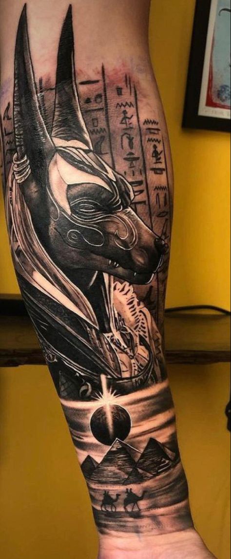 Anubis Half Sleeve Tattoo, Anubis Tattoo Forearm, Tattoo Ideas Anubis, Egyptian Arm Tattoo, Anubis Back Tattoo, Egyptian Leg Tattoo, Eygptain Tattoos Design, Realistic Forearm Tattoo, Tutankhamun Tattoo