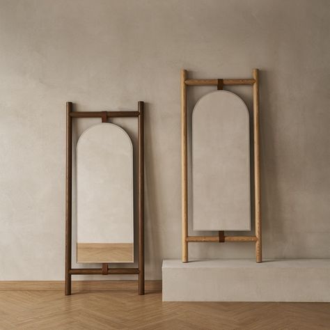 Aurora is a mid-century modern design that features cylinder legs. Leather tabs enhance the design, making a classy statement. Japandi Wall Mirror, Wooden Mirror Design, Floor Mirror Decor Ideas, Bedroom Ideas For Large Rooms, Small Rooms Aesthetic, Aesthetic Bedroom Idea, Floor Mirror Bedroom, Floor Mirror Decor, Japanese Mirror