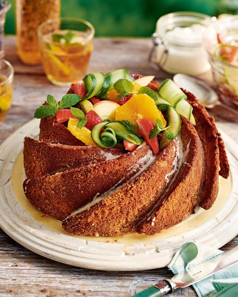 Summer-cup bundt drizzle cake | delicious. magazine Summer Bunt Cakes, Spring Bundt Cake Recipes, Tropical Bundt Cake, Passion Fruit Bundt Cake, Strawberry Lemonade Bundt Cake, Summer Cake Recipes, Cake Recipes Uk, Summer Cups, Drizzle Cake