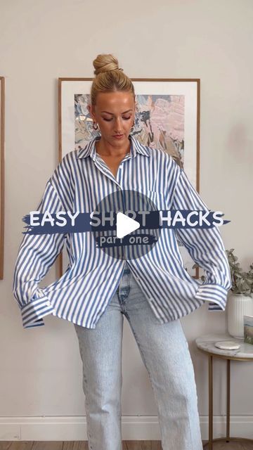 Shirts Wearing Style, How To Dress A Button Up Shirt, Blouse Wearing Ideas, Pinstripe Button Down Shirt Outfit, Tie Up Button Up Shirt, How To Wear Large Shirts, Clothing For 11-12, Ways To Wear Blouses, How To Make A Button Up Shirt Look Cute