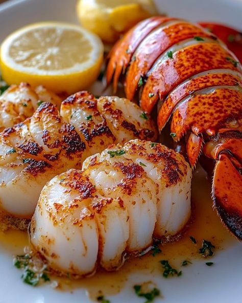 Garlic Butter Lobster And Scallops, Creamy Garlic Butter Sauce, Butter Lobster, Luxurious Family, Sea Food Salad Recipes, Lobster Dishes, Lobster Recipes Tail, Lobster Tail, Lobster Recipes