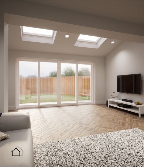 CGI Render. Single storey pitched roof extension, Velux windows and bi-fold doors. #cgi #render #design #architecturedesign #beforeandafter #project #moderndesign #building #architecture #renovation #extension #interiordesign Rear Extension Roof Ideas, Extension Flooring Ideas, Extension Roof Ideas, Lantern Roof Extension, Pitched Roof Extension, Two Storey Extension, Glass Roof Extension, Kitchen 2025, Single Storey Extension