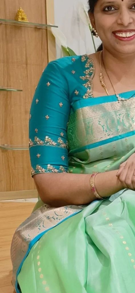 Miss Blouses, Blouse Hand Designs Pattern Silk, New Latest Maggam Work Designs, Green With Blue Blouse Design, Latest Blue Blouse Designs, Latest Maggam Work Blouses 2023, Green Blue Blouse Design, Green With Blue Silk Saree Blouse Design, Simple Silk Saree Blouse Designs Latest